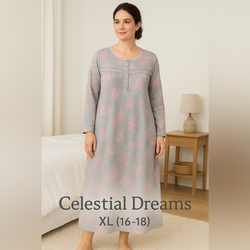 Celestial Dreams XL | Gray Pink Floral Fleece Nightgown w/ Pockets